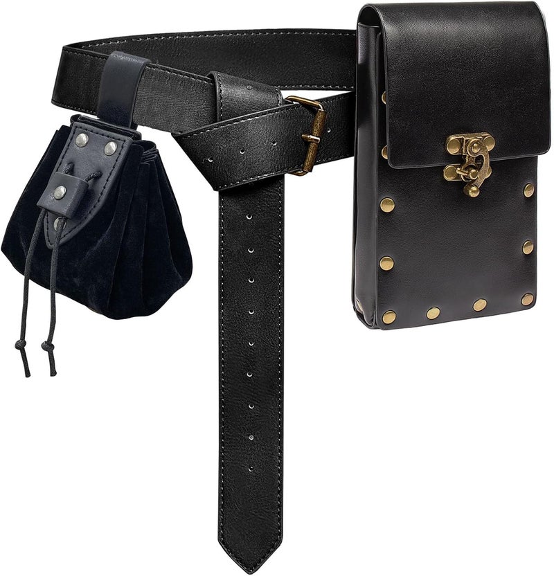 KOTORA Renaissance Belt Pouch Coin Purse Skirt Hike Set Medieval Festival Costume Halloween Accessories Casual Fanny Pack Waist Bag (2Pouch-0Black) - Image 1